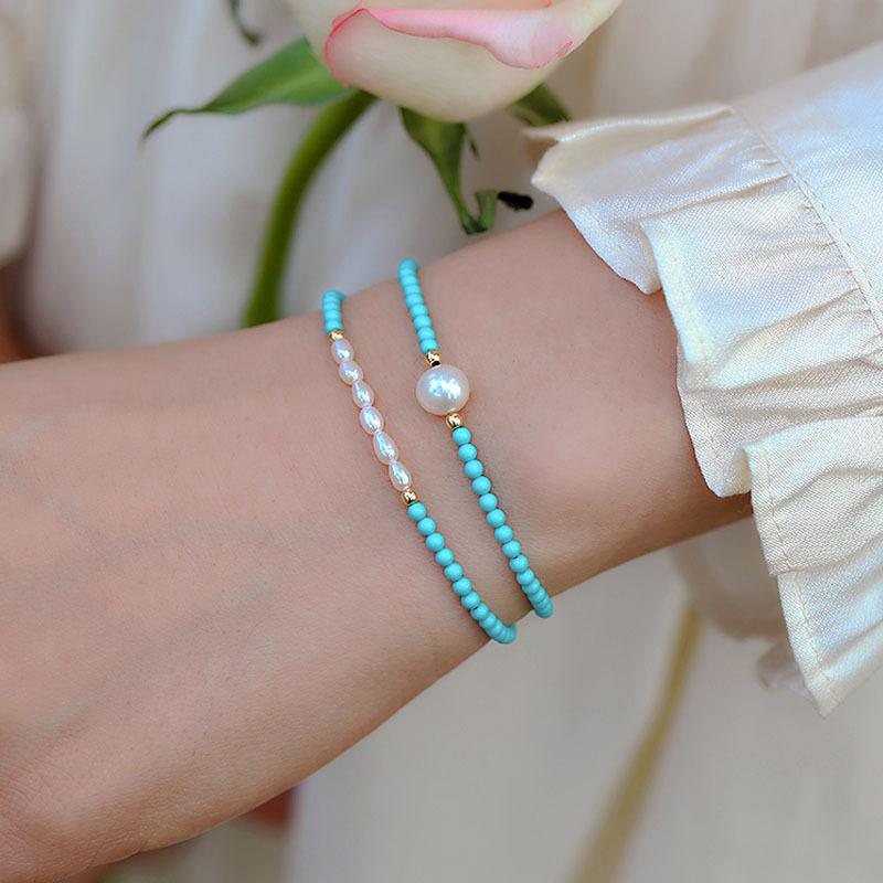 100% Natural Freshwater Pearl & Turquoise Stone 14K Gold Filled Ladies Beads Chain For Women Bracelet  For Women Gifts