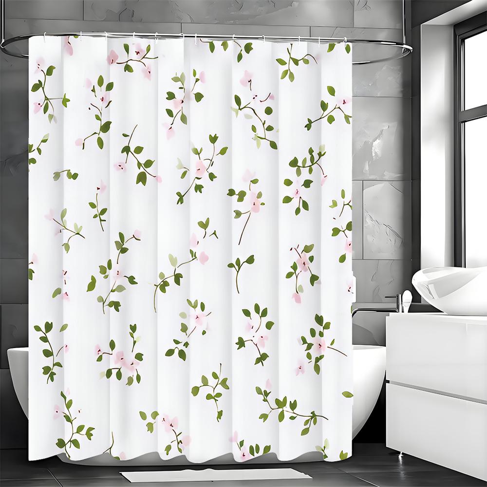 Pink Flower Shower Curtain, Floral Plants, White Background, Spring Bathroom Decorative Shower Curtain, Waterproof Shower Curtai