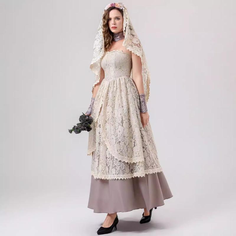 Halloween Vintage Medieval Court Party Lace Costume Bridal Dress Sexy Slim Dress