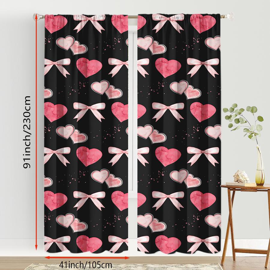 2PCS black background powder heart curtains   sweet and cool style   bedroom and living room   decorative with drawbar pockets