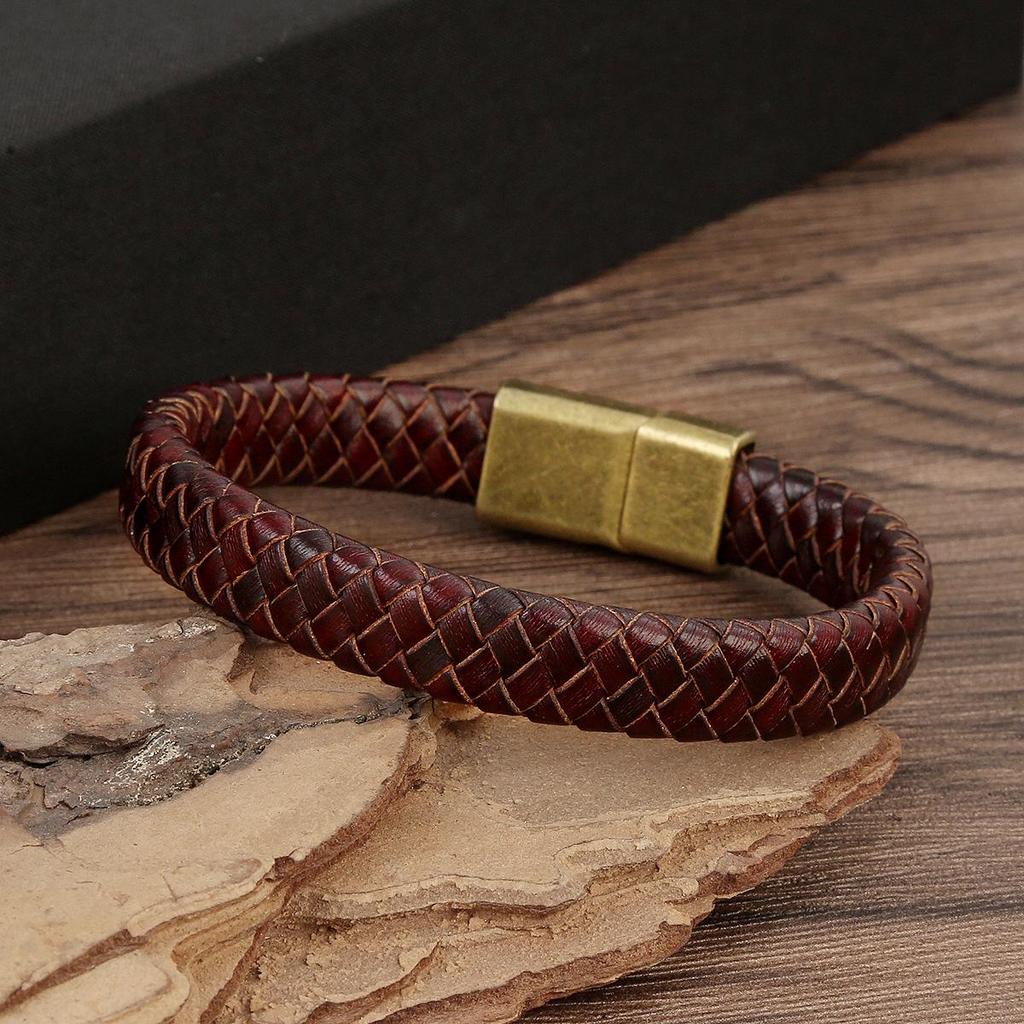 Men's Genuine Leather Woven Bracelet with Alloy Magnetic Buckle