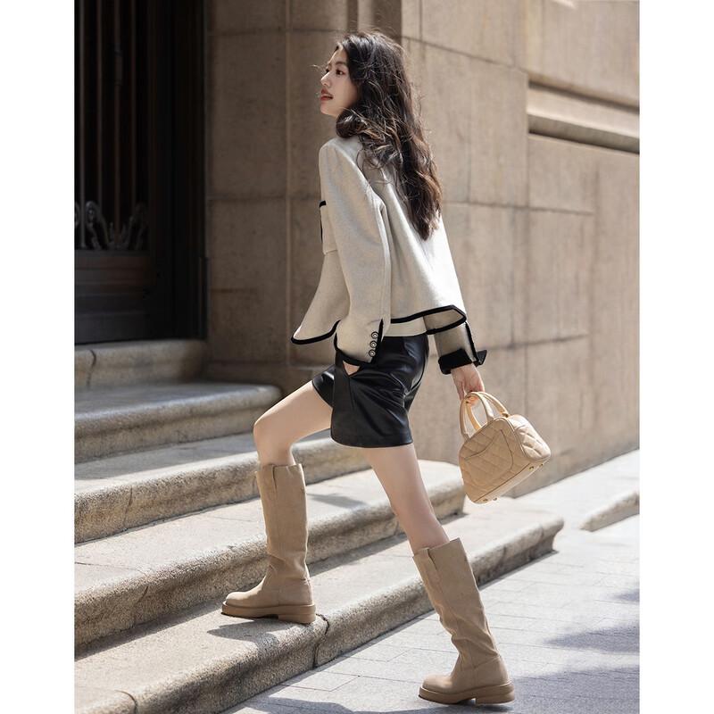 Demana Leichter Luxus Merinowolle Color-Block Spitzes Revers Kurzer Mantel