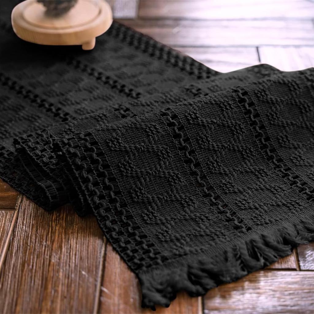 Bohemian Rustic Wedding Decor Cotton Linen Table Runner with Tassels