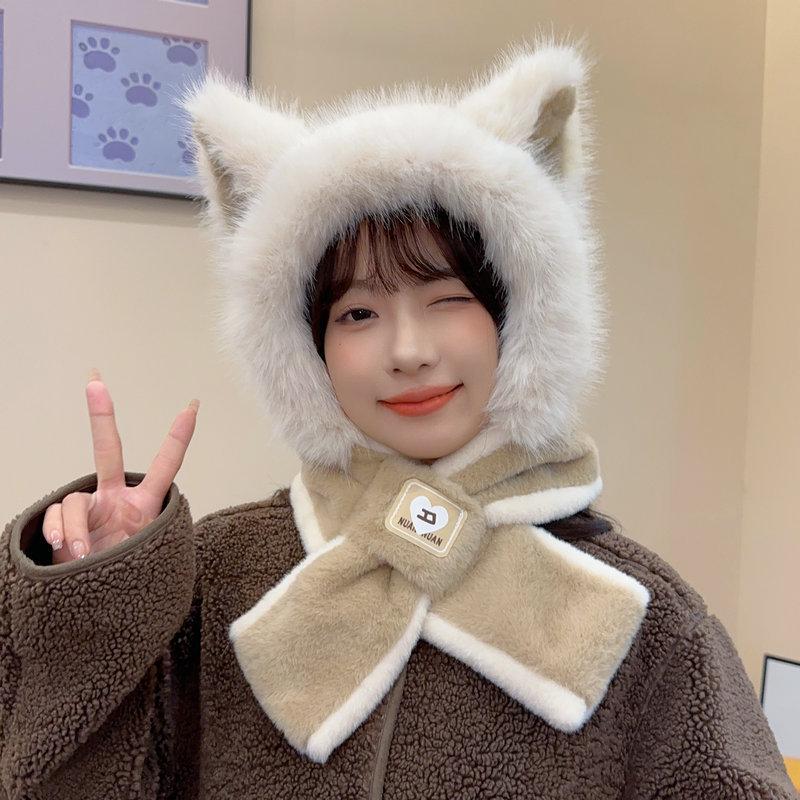 Women's Autumn & Winter Plush Red Hat and Scarf with Cute Fox Ears - Warm Neck Warmer for Cycling