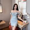Elegant One-Shoulder Lace-Up Spaghetti Strap Ruffled Bodycon Mini Dress