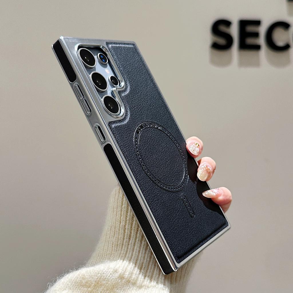 Samsung S25 Ultra Electroplated Leather Pattern Magnetic Suction Phone Case Samsung S24 Ultra Anti Fall and Anti Slip Skin Feeling Shell