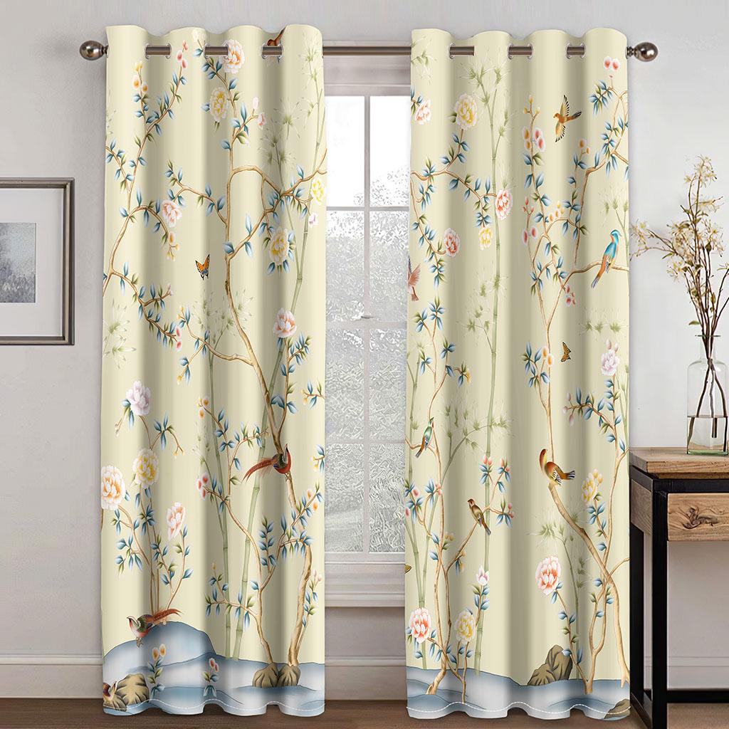 3D Flowers Classical Art Green Yellow Curtains 2 Panels Applicable Living Room Bedroom Kitchen Balcony Window Decor