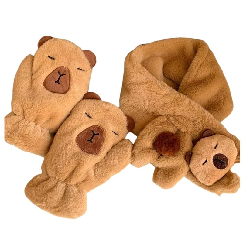 Lovely Plush Capybara Cartoon Scarf and Glove Set for Warmth Stylish Winter Wear Handwear and Neck Gaiter for Women Kids
