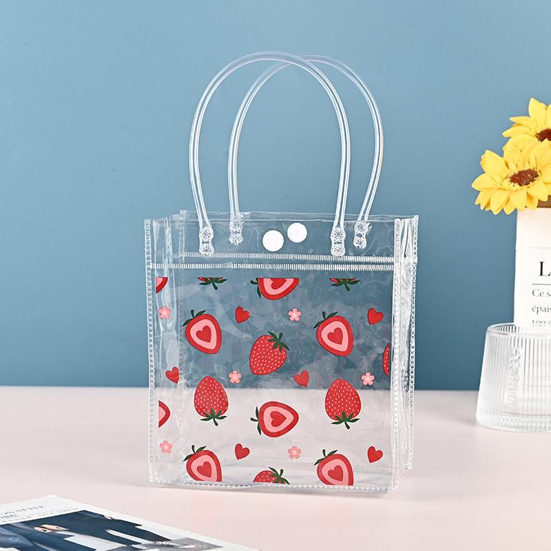 5pcs Strawberry Clear Gift Bags Cute Fruit Party Favor Bags with Handles Shopping Bag Red Heart Strawberry Bags Treat Tote Bags Gift Wrap Bags Handbag