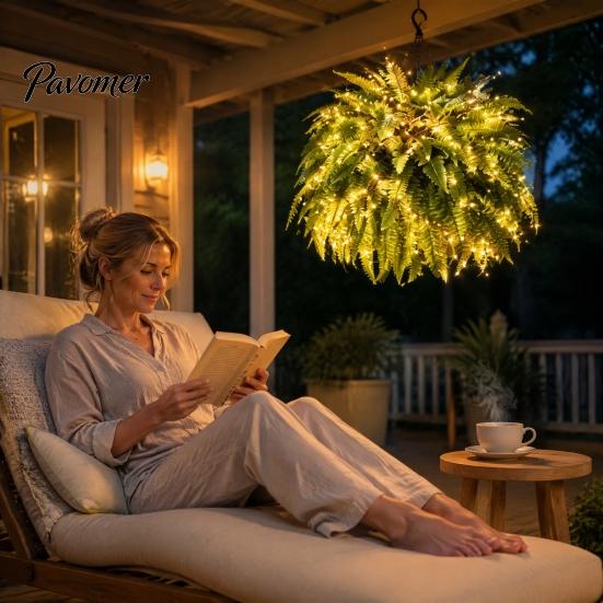 Artificial Potted Ferns with LED Lights Pre-Lit Warm Lights, UV Resistant Faux Hanging Plants for Evergreen Simulated Foliage Outdoor Patio
