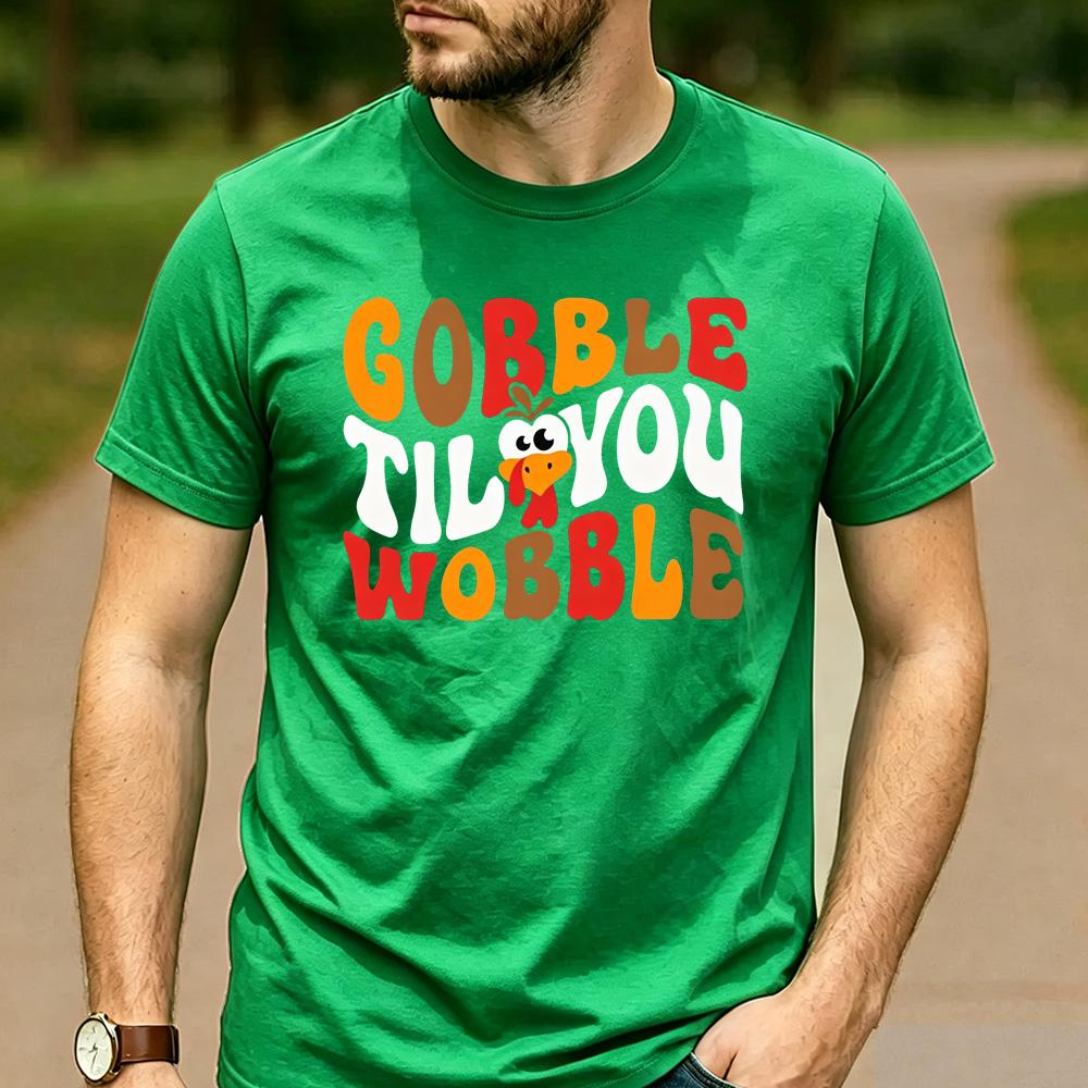 Funny Thanksgiving Family Tee Gobble Til You Wobble Retro Colorful Turkey Face Letter Graphic Unisex Cotton Casual TShirt