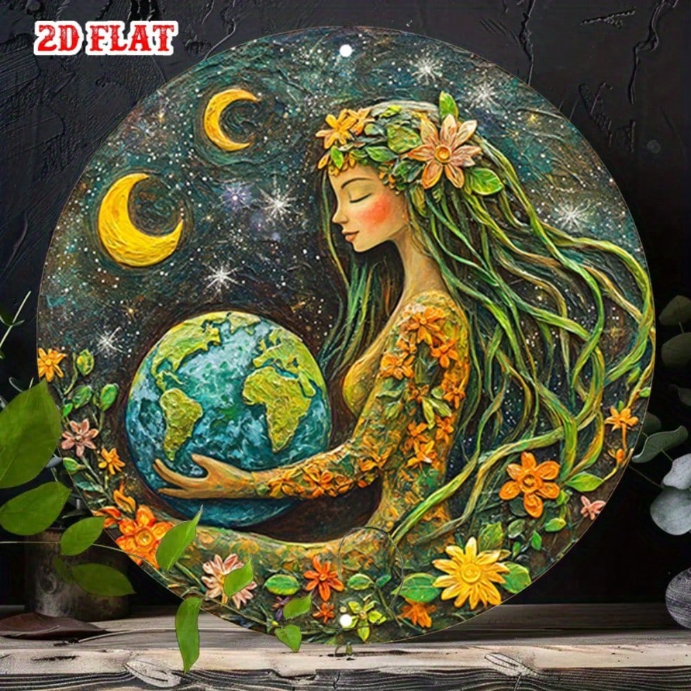 Vintage Metal Tin Sign Round Earth Goddess Wall Art Sun Moon Stars Decor 20x20 разноцветный