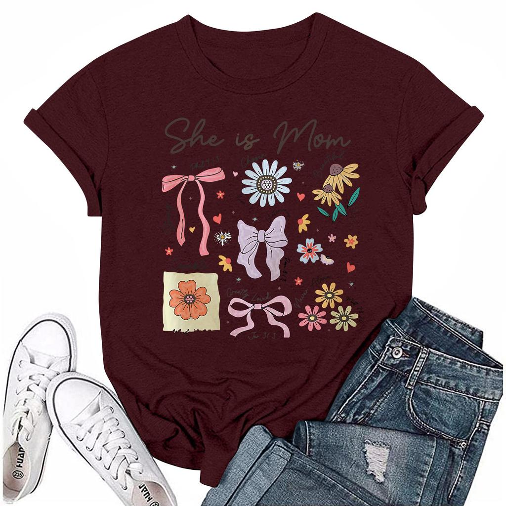 Women Casual Daily Round Neck Printed Short Sleeved T-shirt Letter Top