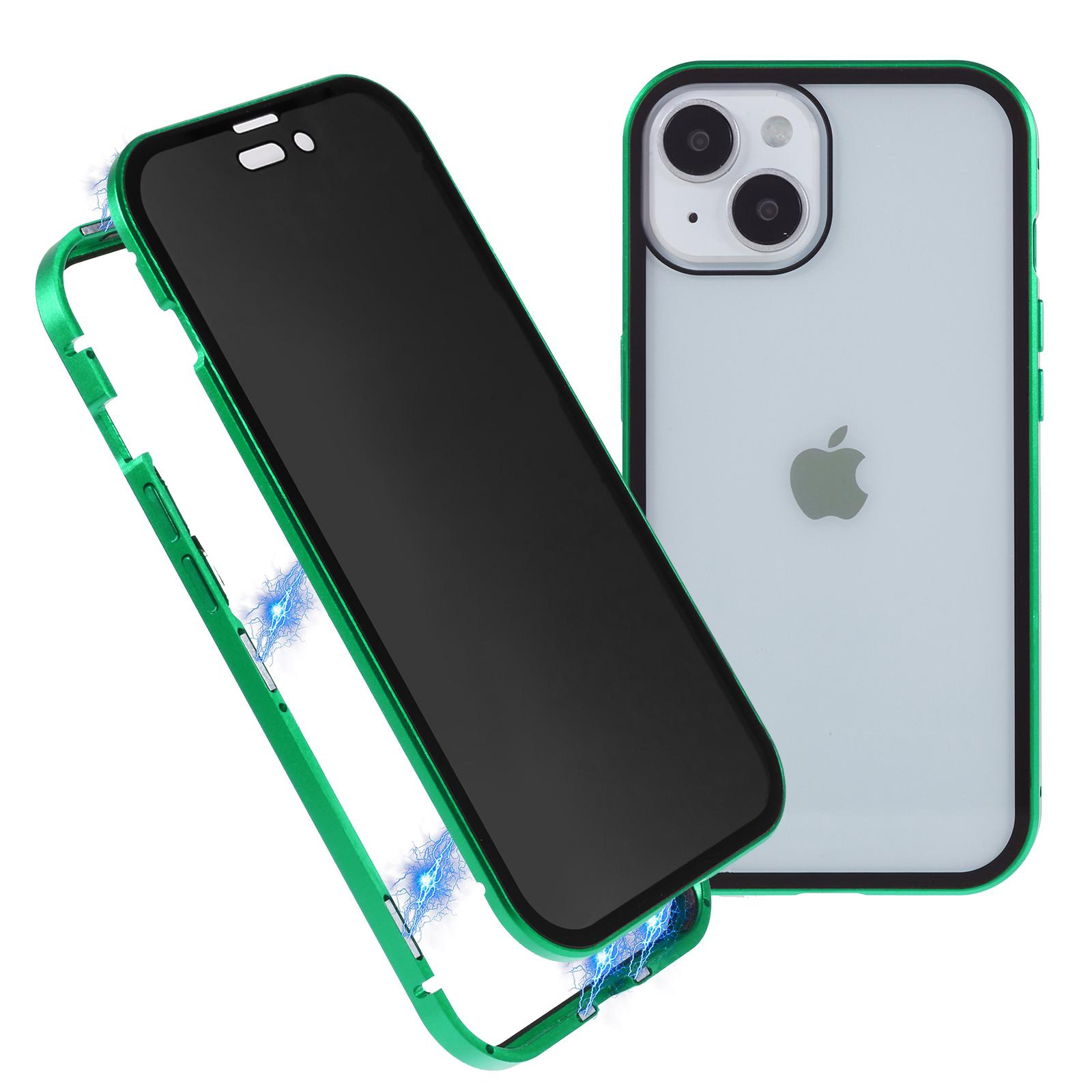 

For iPhone 15 Plus Anti-Spy Phone Case Magnetic Adsorption Metal Frame+Double-sided Tempered Glass Shockproof Cover Green