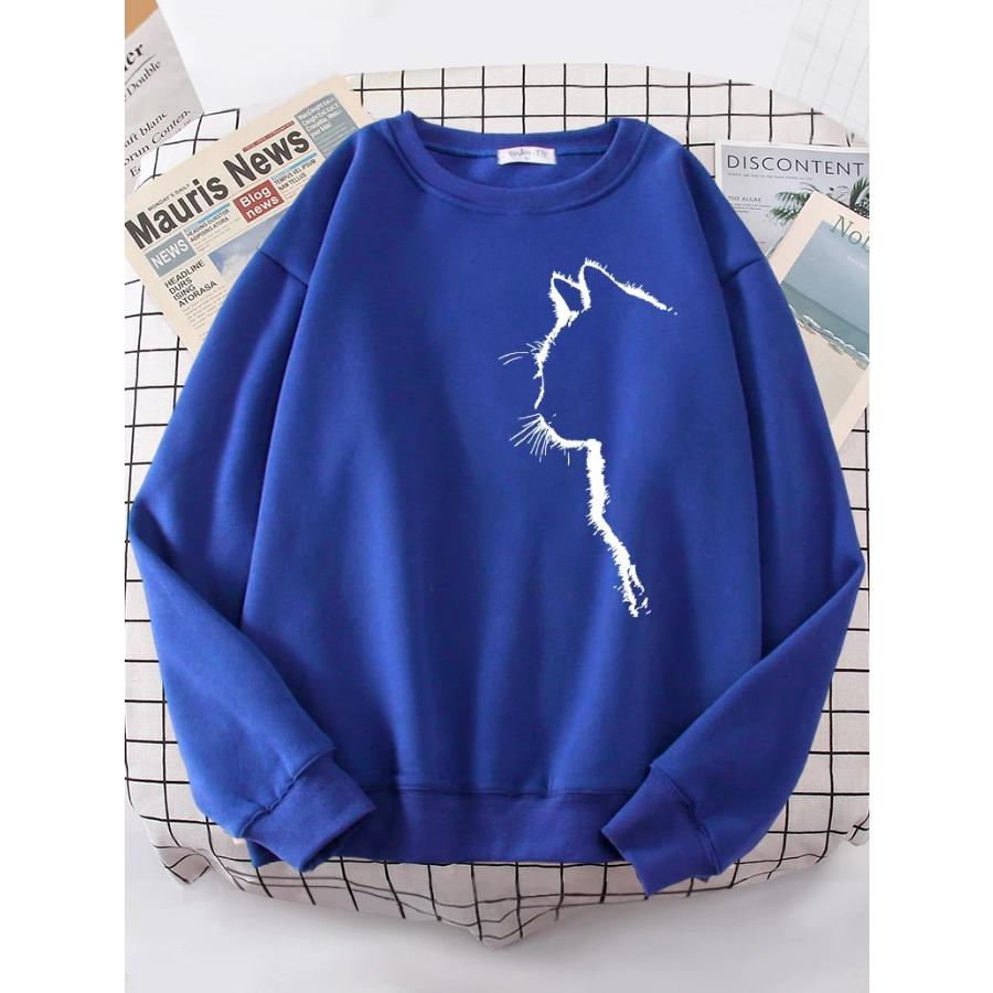 Simple Strokes of Cat Pet Print Hoody Womens Shoulder Drop All-match Hoodies Simple S-XXL Hoodie Street Quality Clothing Female