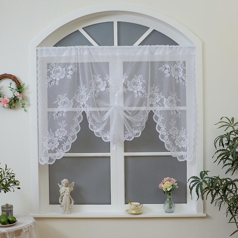 American White Double Layer Insulated Yarn Lace Room Divider Curtain for Bedroom or Kitchen