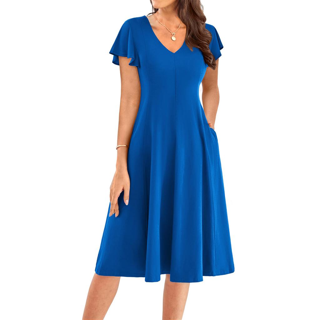 Women's Casual Fashion V-Neck Short Sleeve Midi Dress Fashionable Wedding Guest Dress