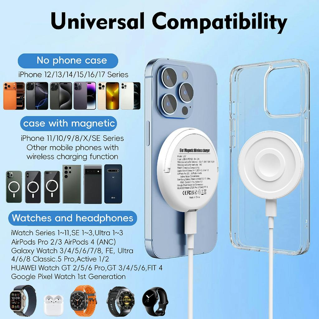 6 in 1 Magnetic Wireless Charger with Stand 15W Max Fast Charging Magnetic Stand