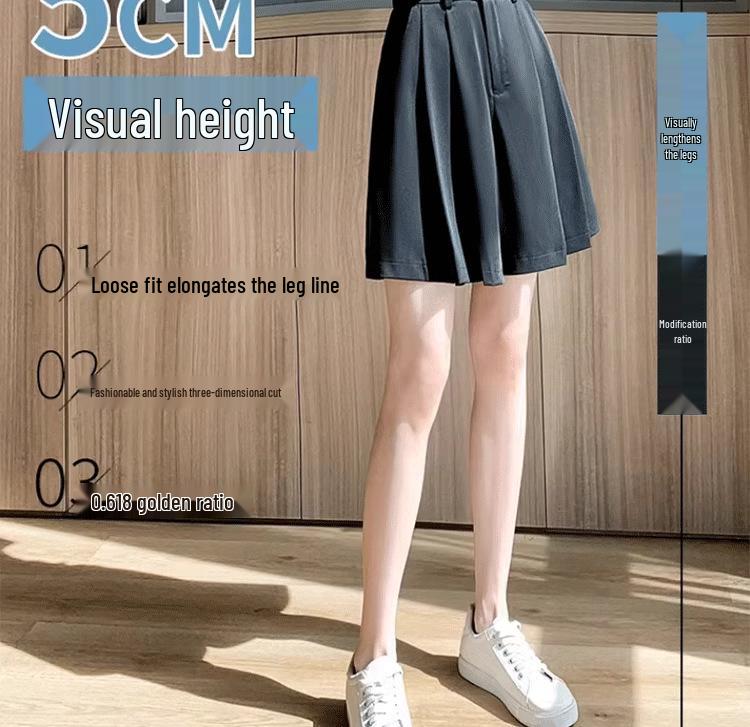 2024 New Black High-Waisted Pleated Wide-Leg Shorts - Slimming, Casual, Slit Design