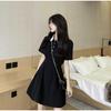 Small new Polo collar dress women's summer sweet contrasting color lapel a word waist thin small black dress