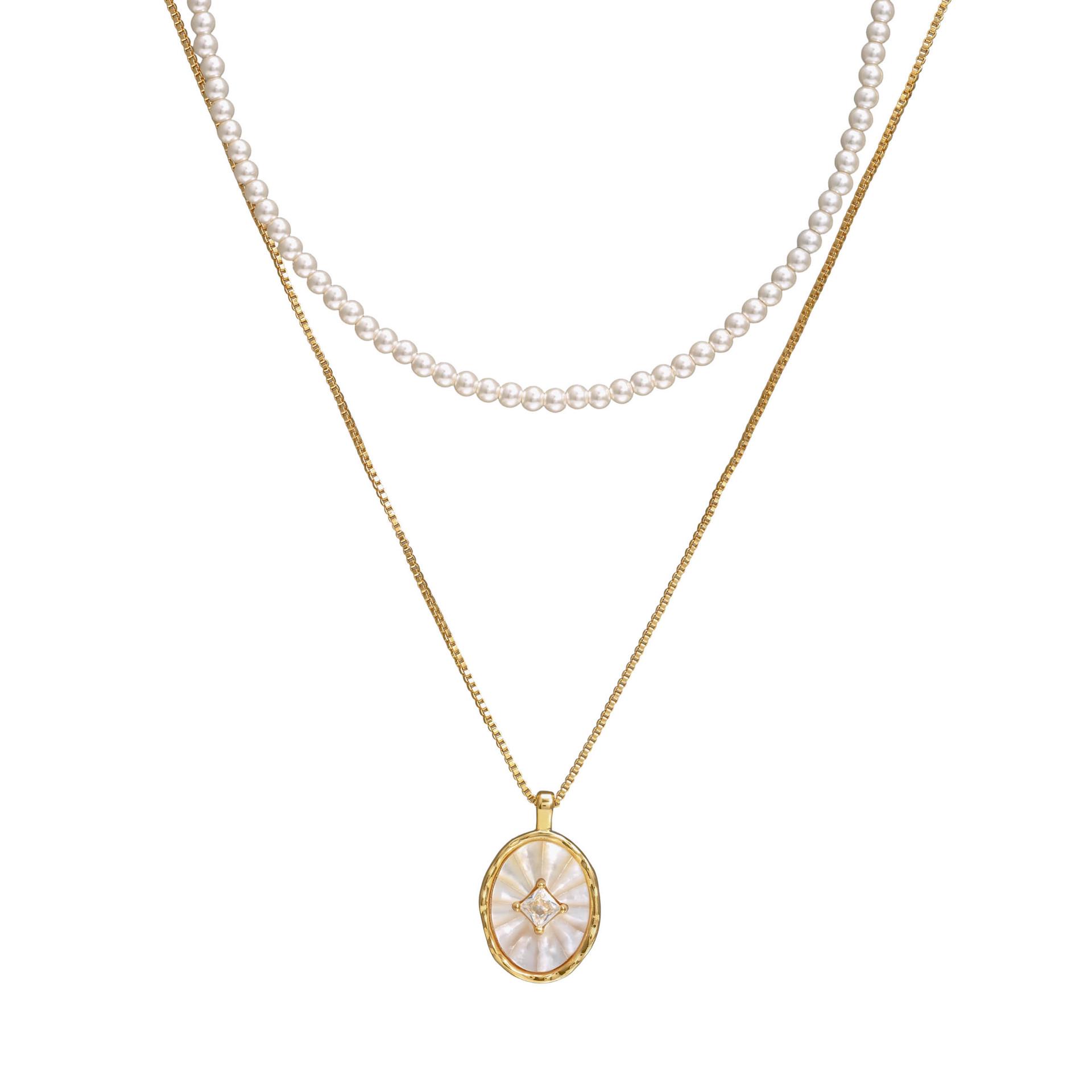 Elegant Rhinestone Mother-of-Pearl Oval Pendant Necklace - High-End Double Layer, Versatile Pearl Clavicle Chain