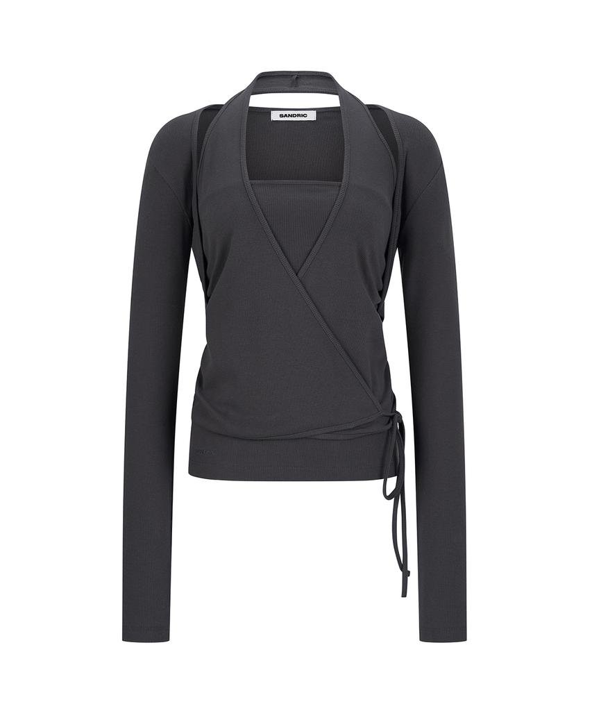 Saendeulig Layered Halter Wrap Long Sleeve_Charcoal