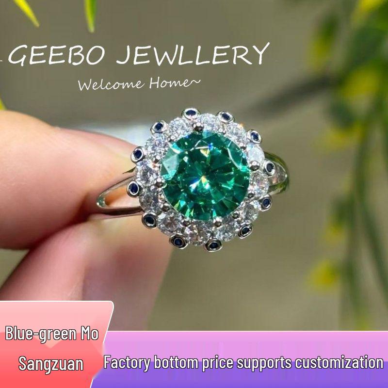 Eight Hearts & Arrows Moissanite Open Ring PT950 - Full Pave Blue-Green, 2 Carats