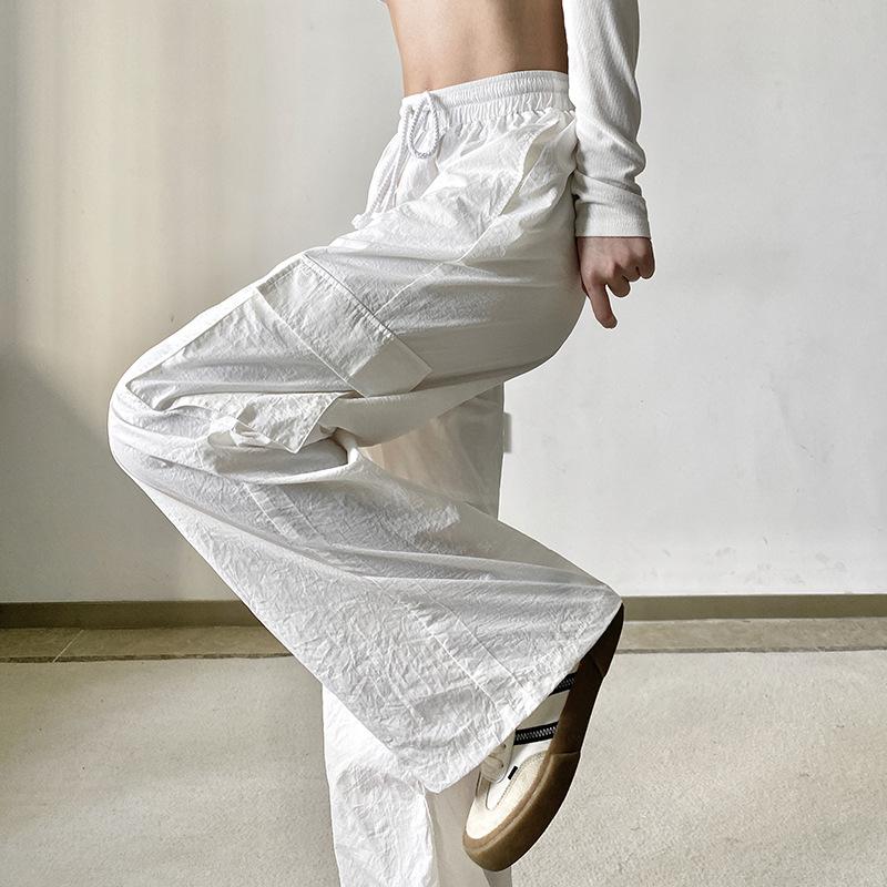 2022 Lässige Taschen Elastischer Bund Damen Hose Weiß Frühling Hohe Taille Schnürung Sporthose Mode Gerade Hose