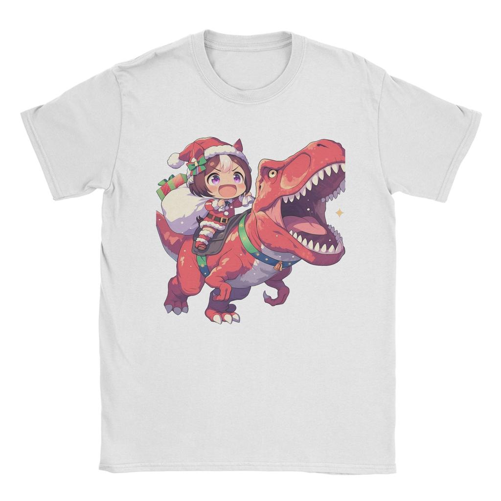 Special Week Santa Riding T-Rex T Shirt Men's  Cotton Casual T-Shirt Crewneck Uma Musume Pretty Derby Anime Tees Short Sleeve