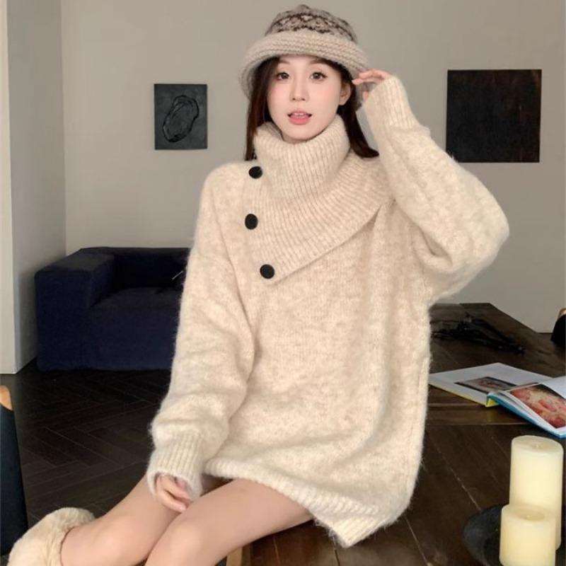 

Осенне-зимний пуловер с высоким воротником, нерегулярный женский свитер, модный, свободный, простой, офисный, свободный вязаный свитер, однотонная элегантная одежда One Size