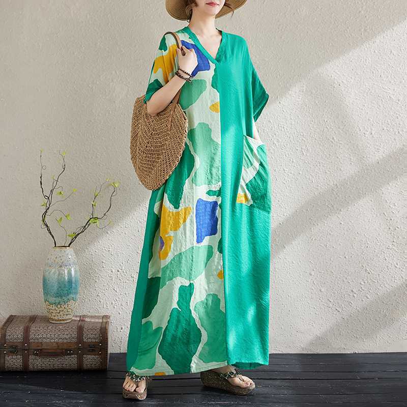 

Реальное фото - Новое летнее платье большого размера, из тонкого хлопка и льна, скрывающее живот и стройнящее, с V-образным вырезом, короткими рукавами и контрастной цветной вставкой для женщин one size fits all зелёный