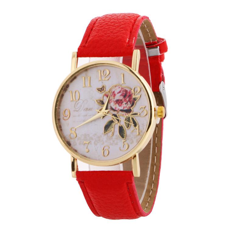 Women s Quartz Watch with Rose Flower Dial & Leather Strap