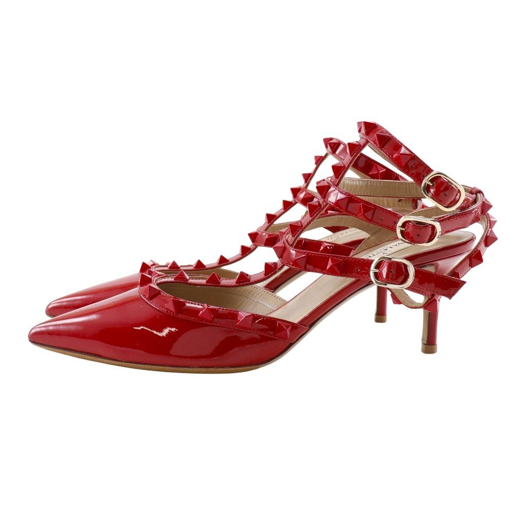 VALENTINO GARAVANI Rock studs pumps ankle stripe Red Patent leather Women Used