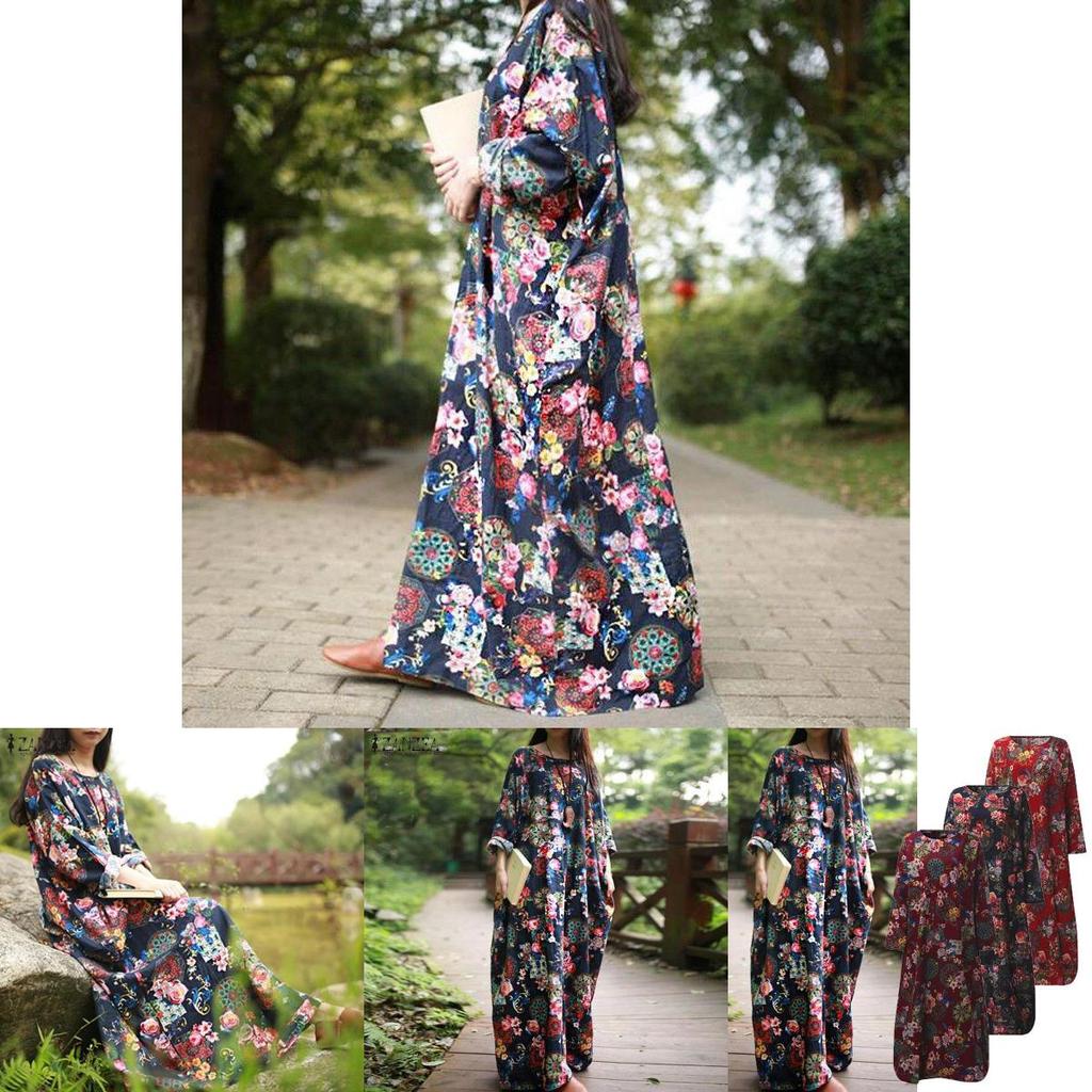 Women Vintage Casual Floral Printed Loose Dress Kaftan Long Maxi Shirt With Timeless Design