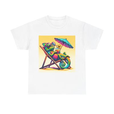 T-shirt Adulte Unisexe Charmant Caméléon Œuvre d'Art Fête à la Plage