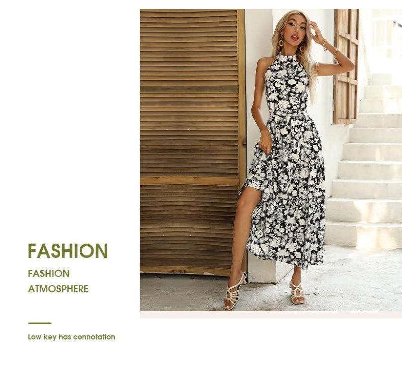 Halter Neck Sleeveless French Style Slit Print Dress Summer Hot Seller
