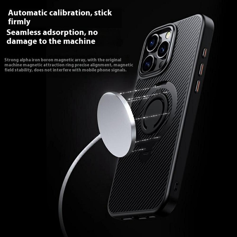 For iPhone 16 Pro Max Case Compatible with MagSafe Kickstand Carbon Fiber Texture PC + TPU Back Cover with Silicone Ring