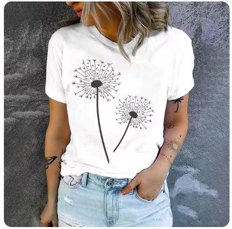High quality loose and comfortable short-sleeved top summer trend casual women's T-shirt fashion simple dandelion print T