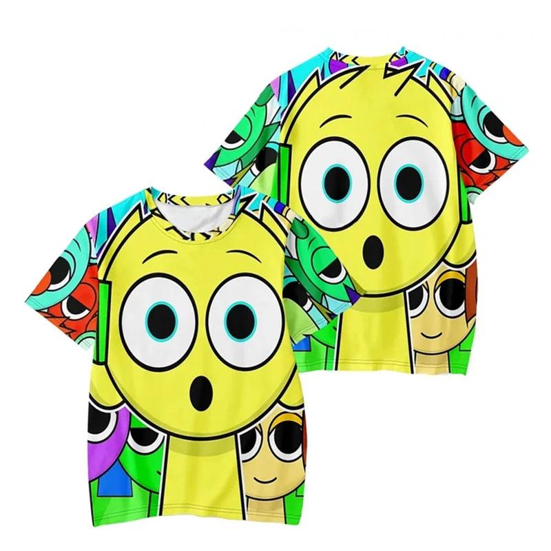 Sommar Rund Hals Tecknad Figur Sprunki Mönster 3D-Tryckt Topp Trendig Casual Kortärmad Barn Pojk T-shirts