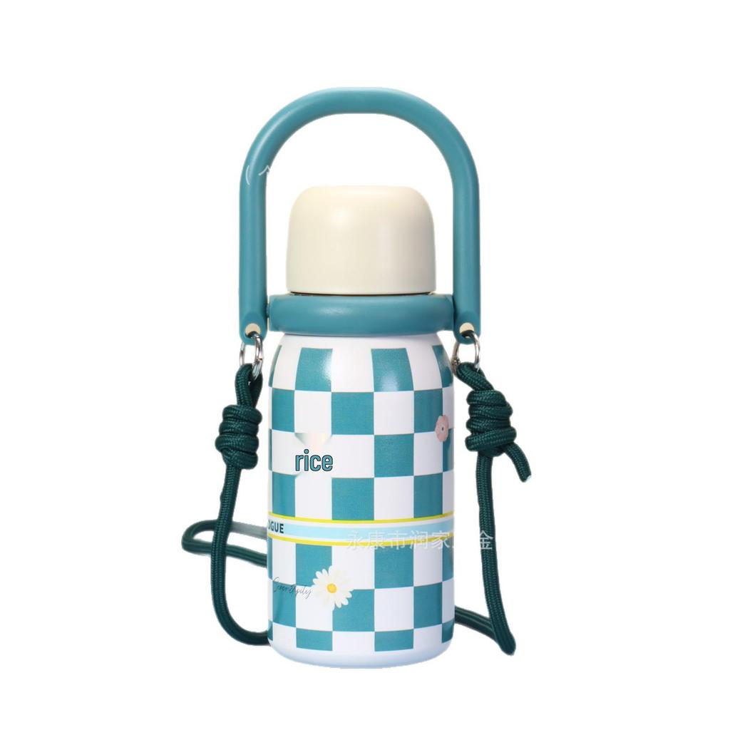Retro Plaid Stainless Steel Thermos Flask with Portable Rope - Insulated Sip Cup for Students