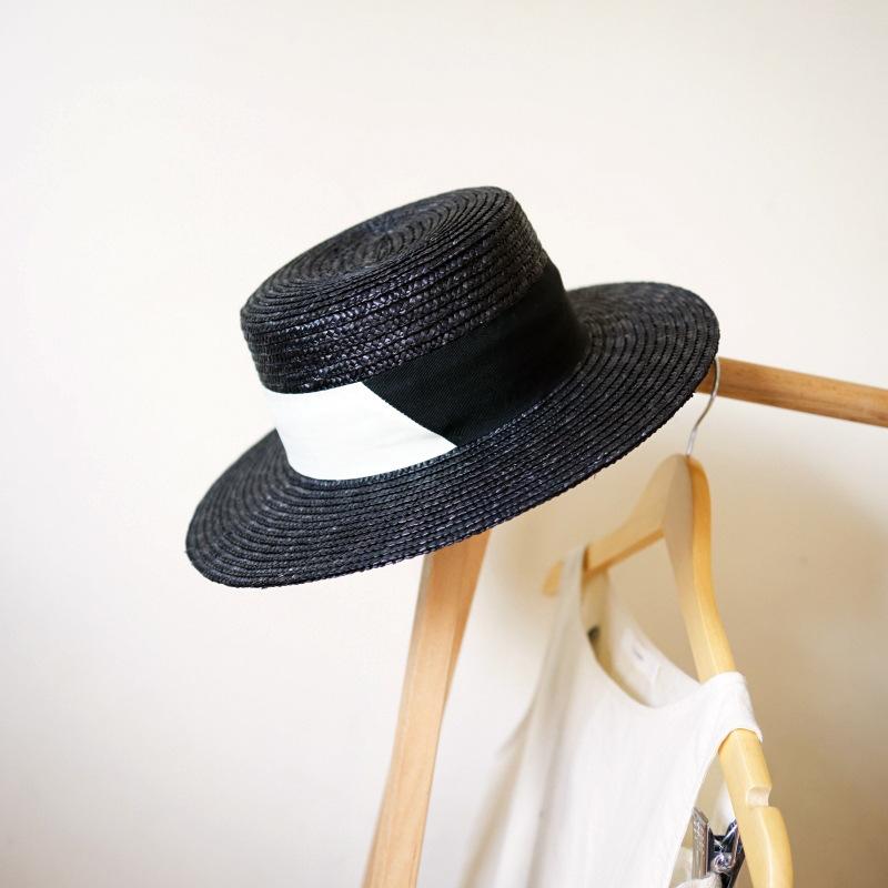 European And American Retro Black Straw Woven Flat Top Top Top Hat Women'S Summer Sunshade Sun Protection Beach Vacation Straw Hat Sun Hat