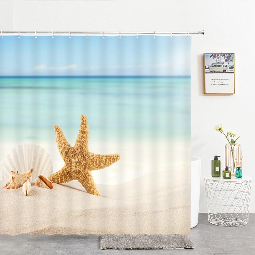High Quality Sea Beach Shell Printed Shower Curtains starfish Bath Curtain Screen Waterproof Products Bathroom Decor with Hooks