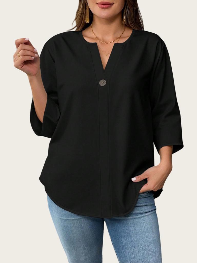 Europejski i Amerykański Damski Top Plus Size z Dekoltem V, Krótkim Rękawem, Casualowy, Luźny - 2025.