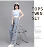 Women's Light Blue Summer Jeans - Stylish Design, Side Hollow, Straight Wide Leg