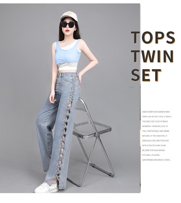 Women's Light Blue Summer Jeans - Stylish Design, Side Hollow, Straight Wide Leg
