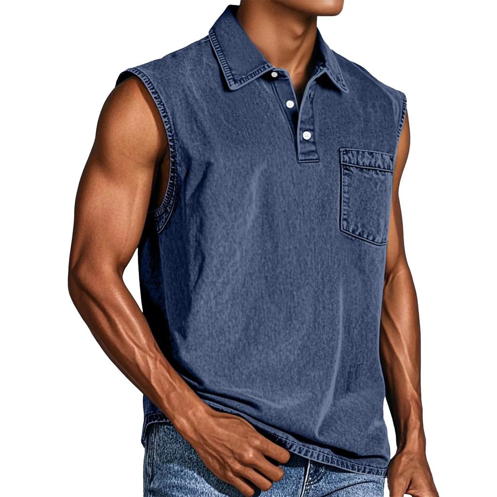 Men's Vintage Wash Sleeveless Polo Shirt Casual Denim Look Tank Top Button Down Vest Summer Beach Streetwear