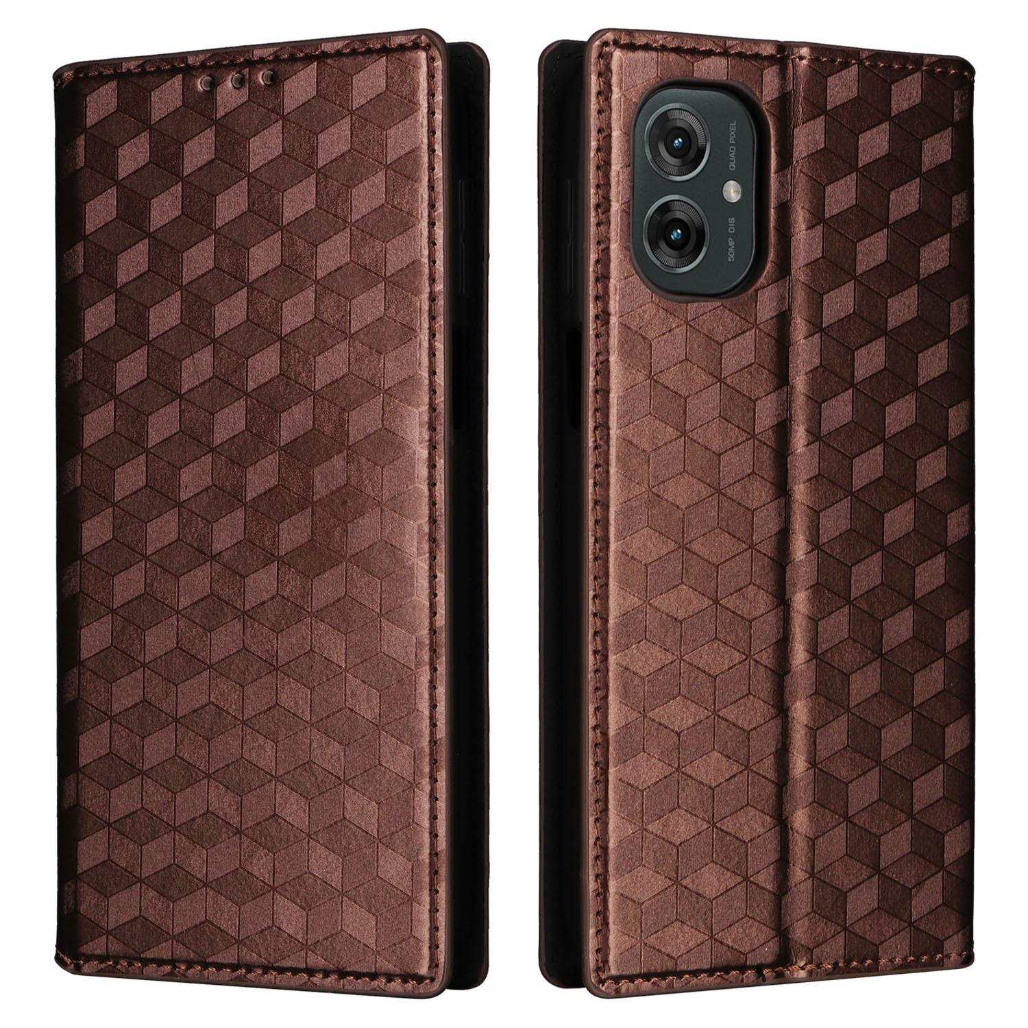 

For Motorola Moto G55 5G Wallet Case Rhombus Imprinted Leather Phone Cover Brown