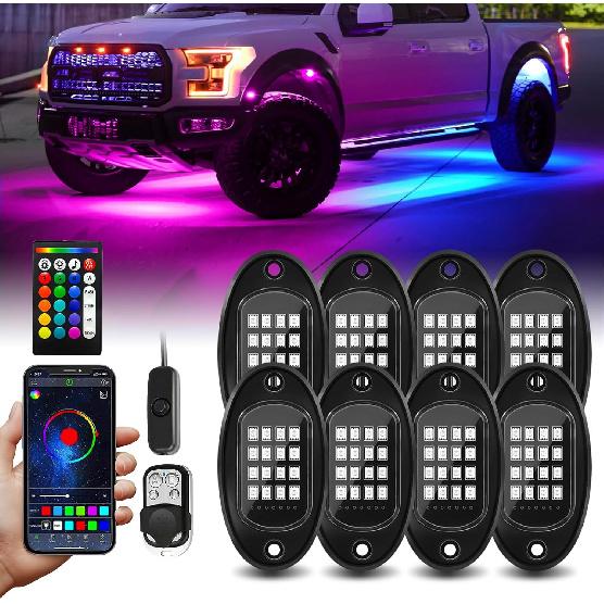 8 Pods RGB LED Rock Lights with APP/RF Remote Control High Brights Waterproof Underglow Multicolor Zone Neon Exterior Rock Lights for 12V Trucks Jeep