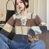 Stripe Contrast Lace Knitted Sweater Women Autumn and Winter Casual Design V-Neck Loose Short Sleeve Cardigan Sweater Female Top