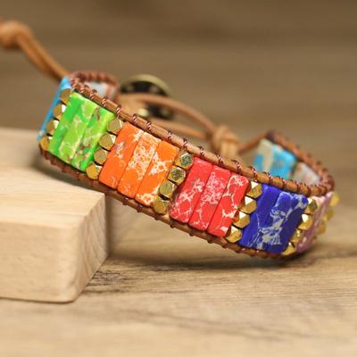 Rainbow Chakra Leather Wrap Bracelet – Gold Accent Boho Jewelry, Energy Balance Joy Gift for Women
